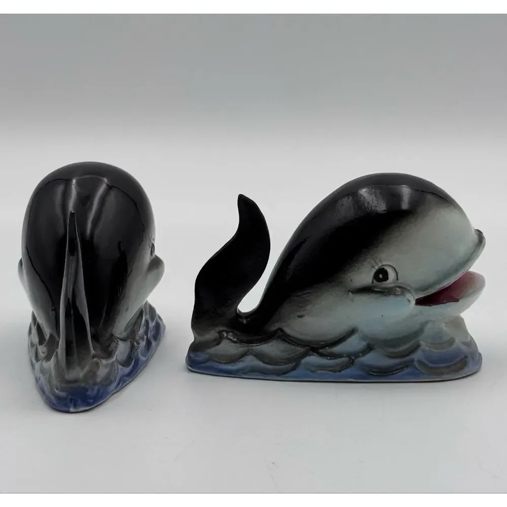 Vintage Anthropomorphic Whale Salt & Pepper Shaker Set Japan Ceramic